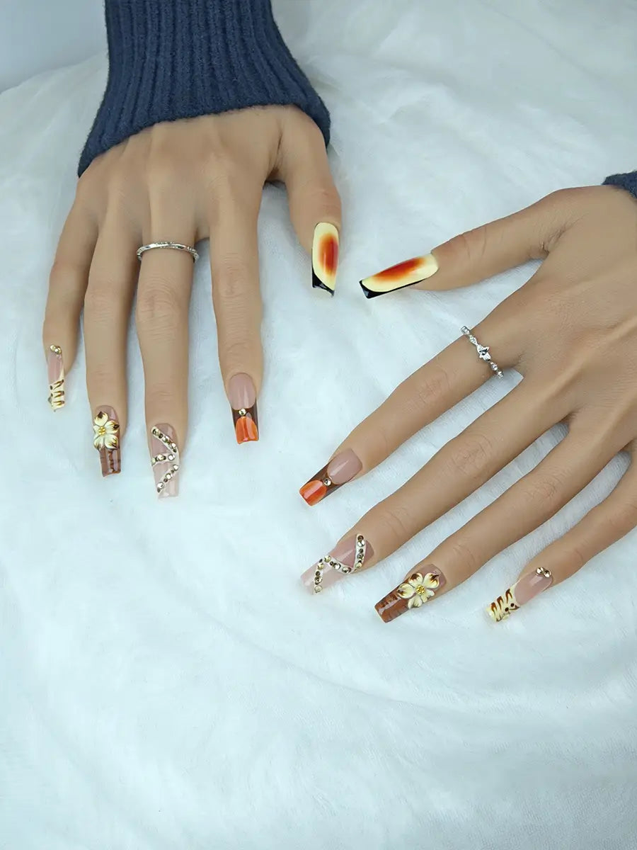 Brown Gold Gradient Luxury Press-On Nails – 3D Floral Design, Long Square Shape