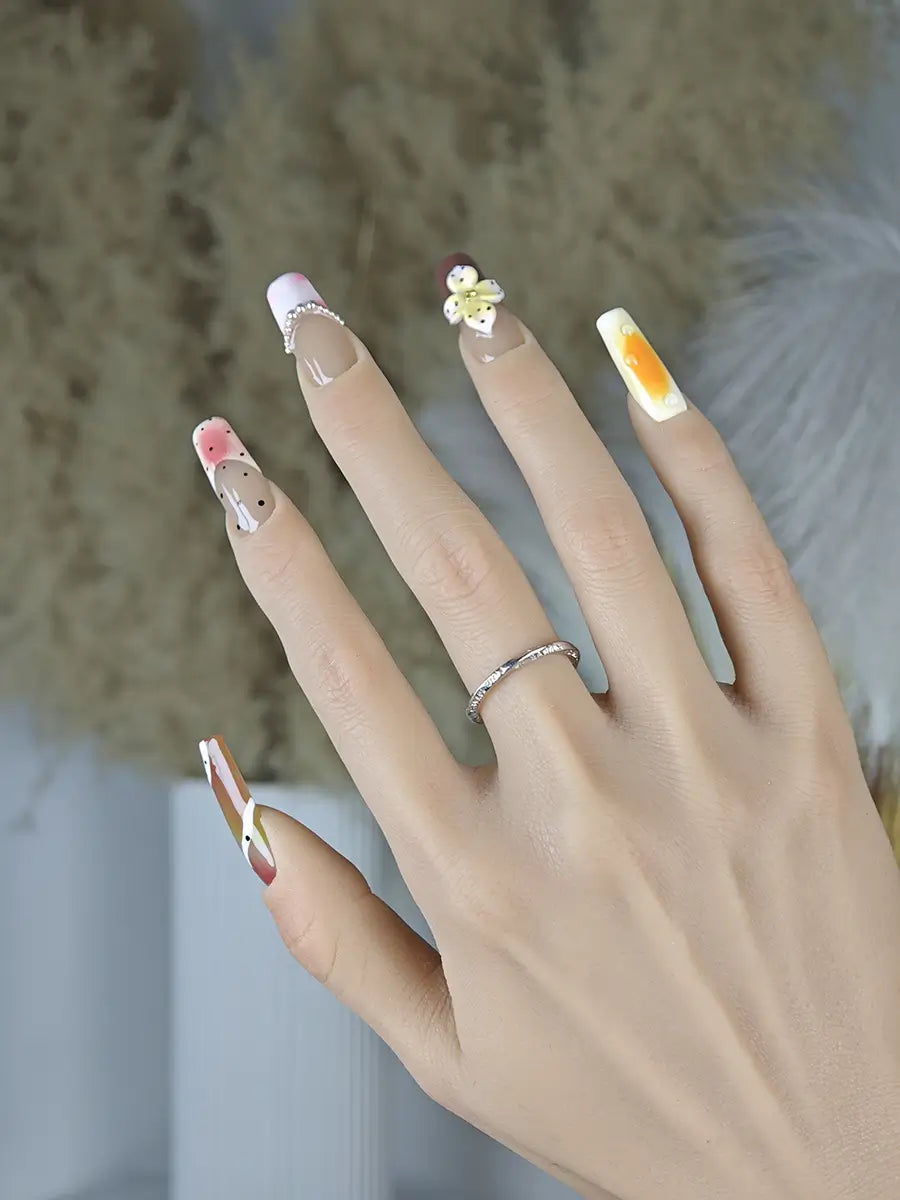 Color Block Artistic Press-On Nails – Long Square, 3D Floral & Cross Design