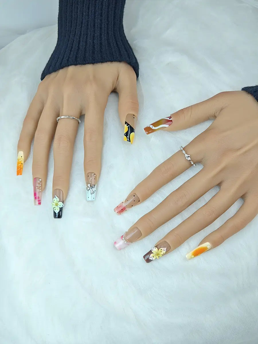 Color Block Artistic Press-On Nails – Long Square, 3D Floral & Cross Design