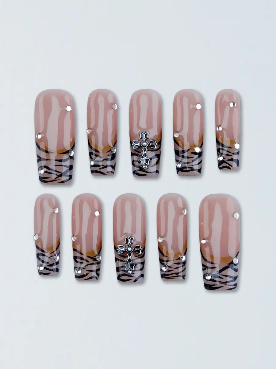 Brown Tiger Print Press-On Nails – Metal Cross Rhinestone Long Square Tips