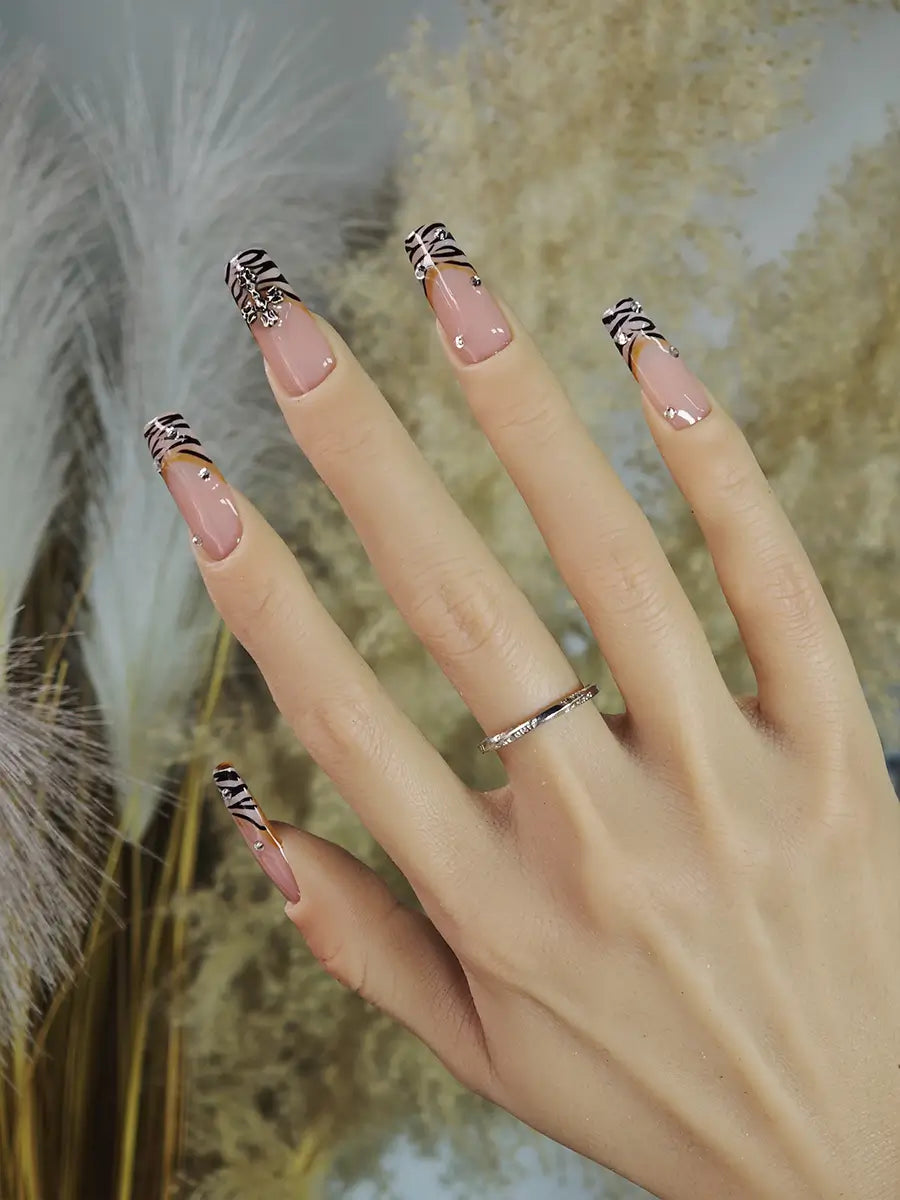 Brown Tiger Print Press-On Nails – Metal Cross Rhinestone Long Square Tips