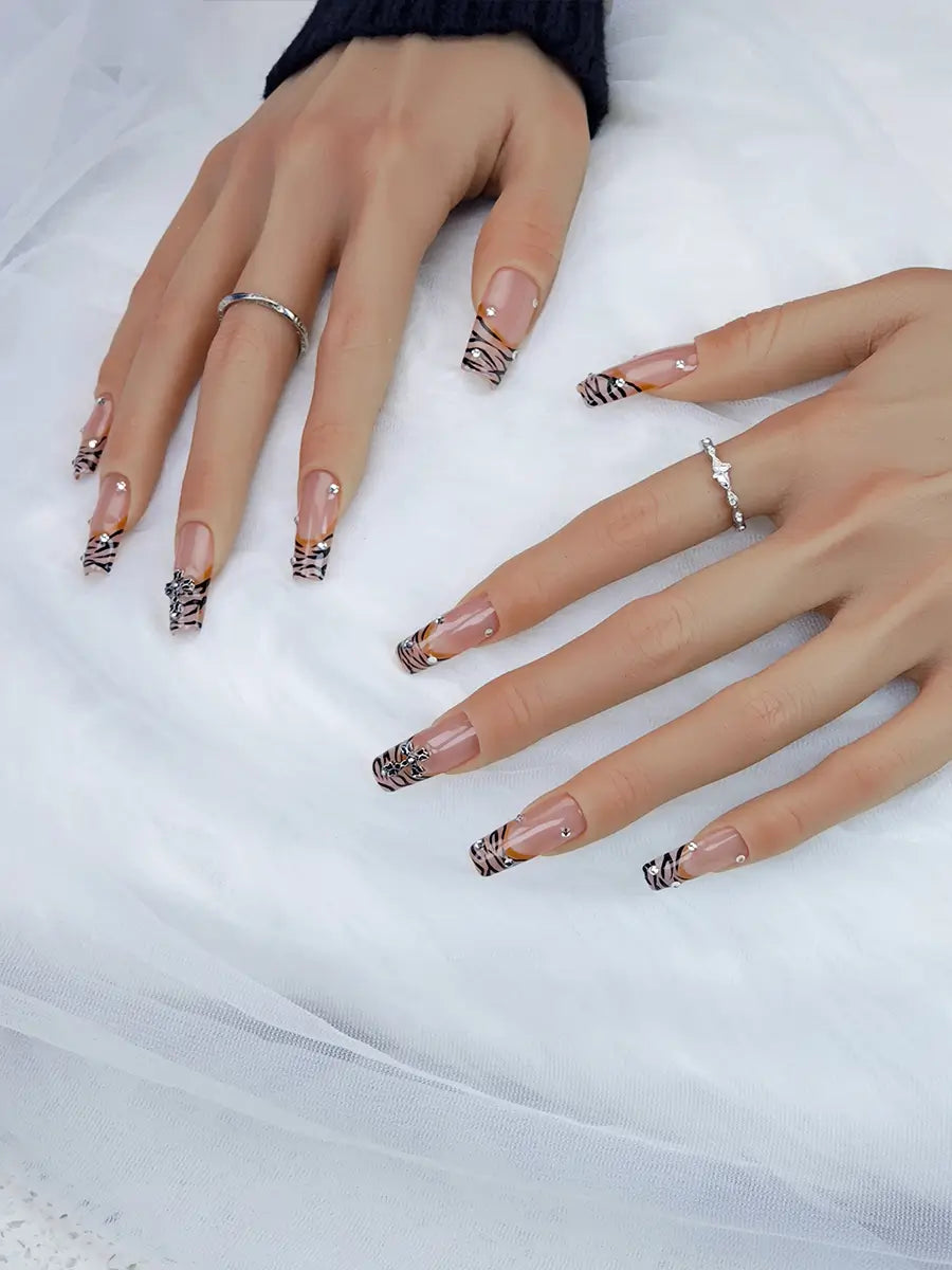 Brown Tiger Print Press-On Nails – Metal Cross Rhinestone Long Square Tips
