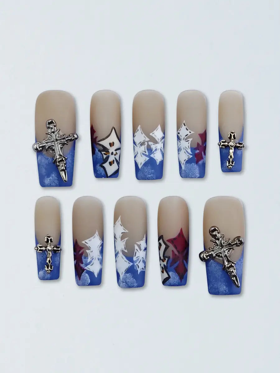 Nude Blue Color Block Press-On Nails – Metal Cross Hand-Painted Long Square Tips