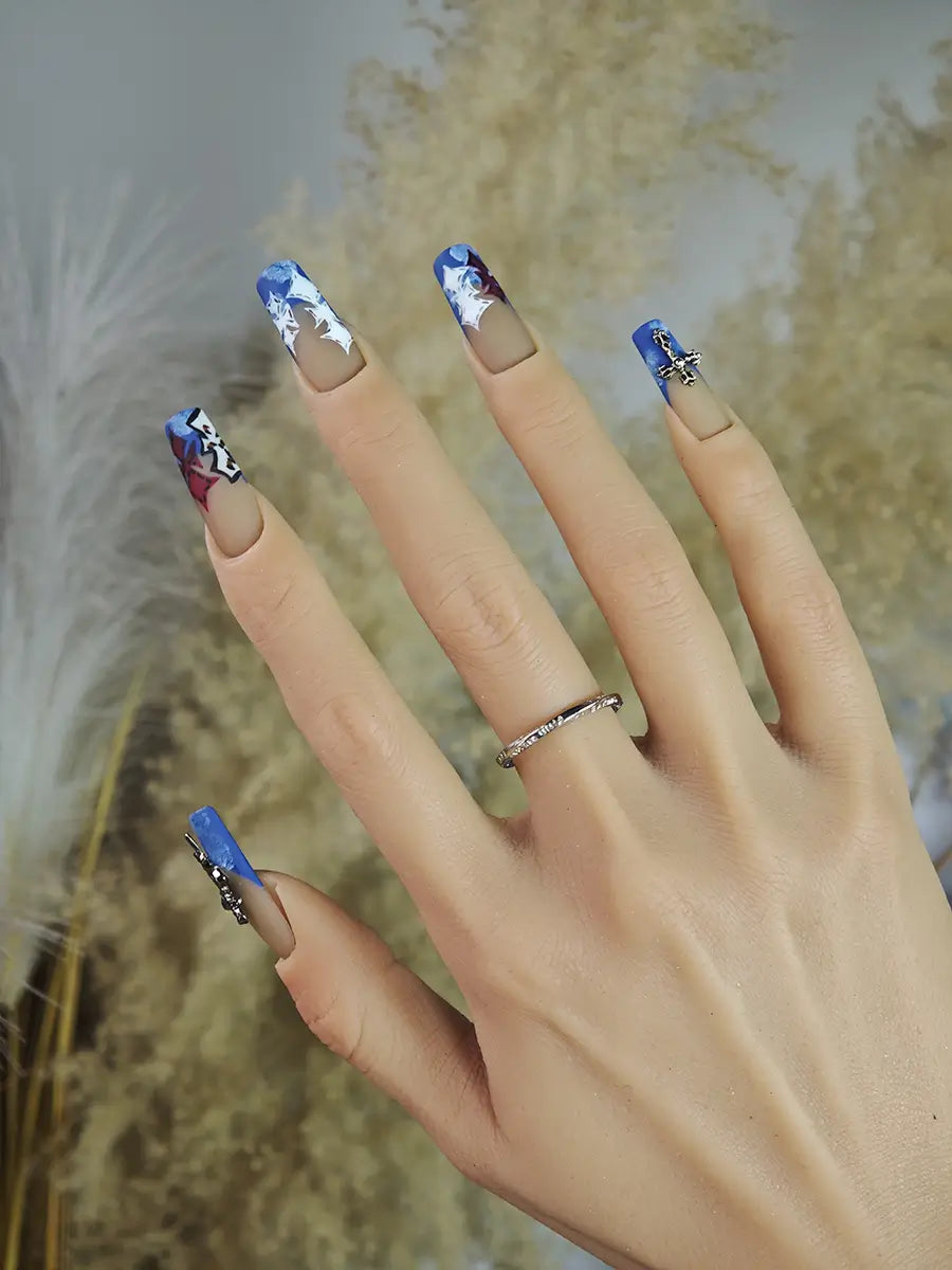 Nude Blue Color Block Press-On Nails – Metal Cross Hand-Painted Long Square Tips