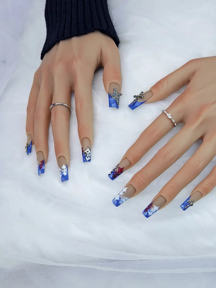 Nude Blue Color Block Press-On Nails – Metal Cross Hand-Painted Long Square Tips