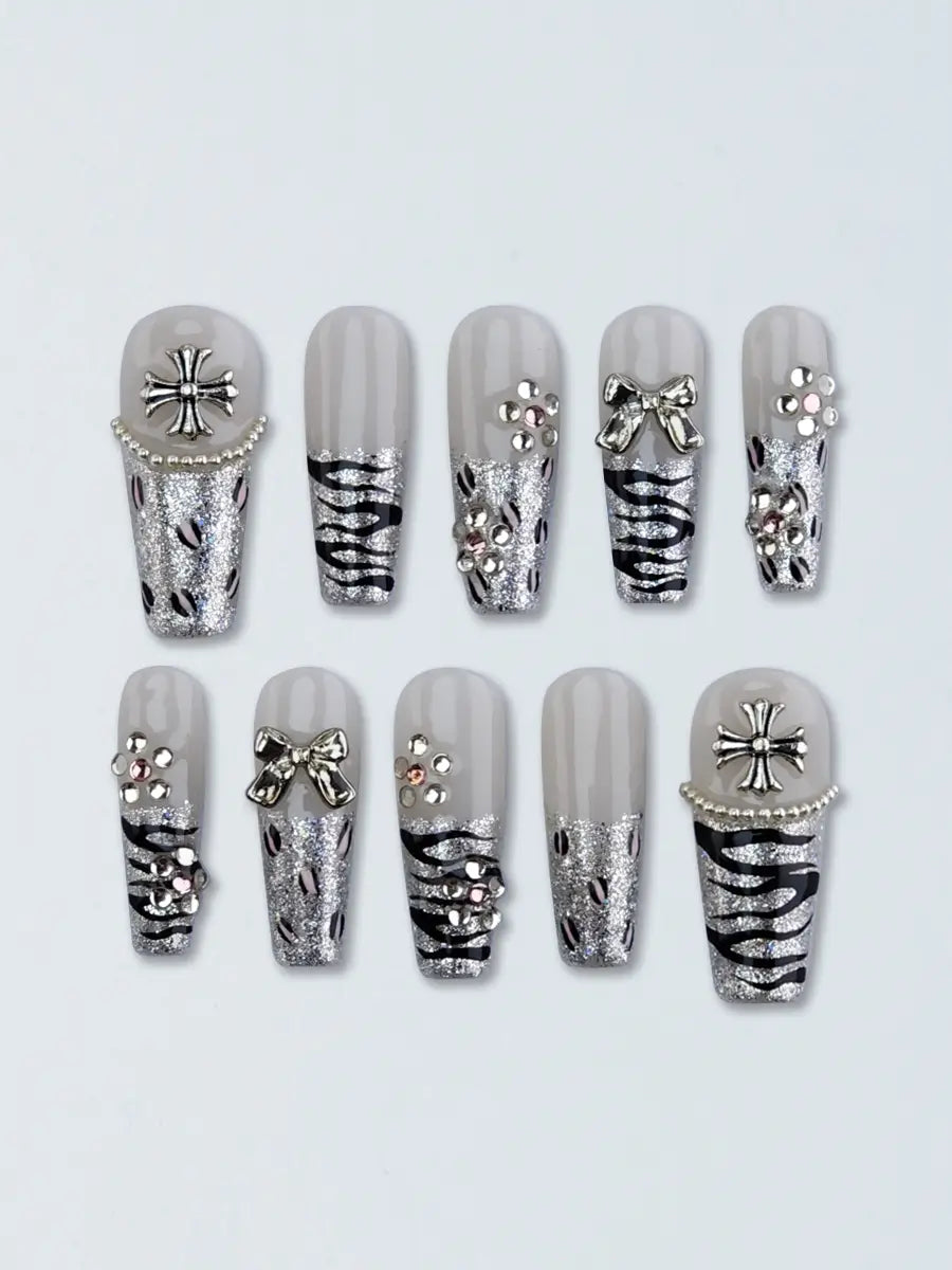 Silver White Tiger Print Press-On Nails – Metal Cross Bow Rhinestone Long Square Tips