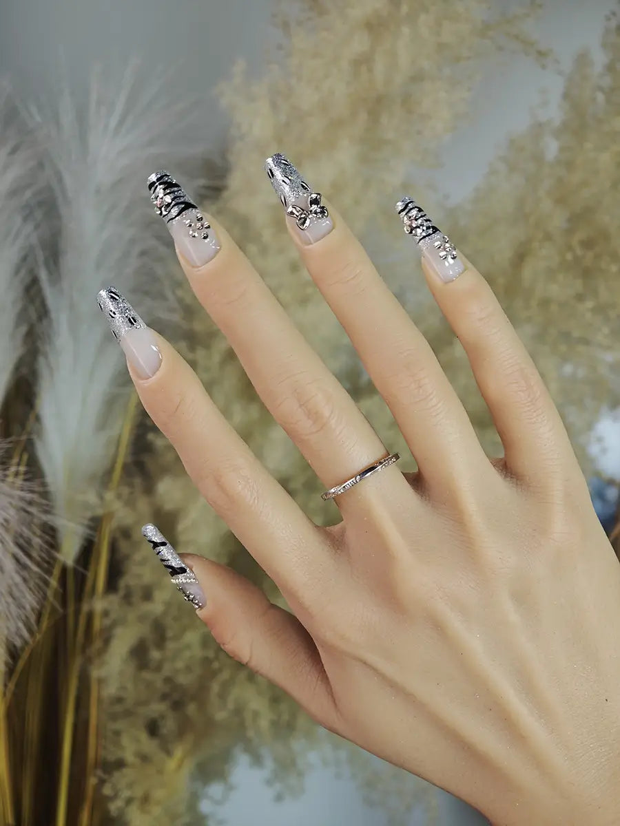 Silver White Tiger Print Press-On Nails – Metal Cross Bow Rhinestone Long Square Tips