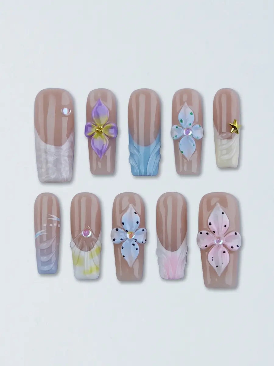 Nude Macaron Color Block Press-On Nails – 3D Floral & Rhinestone Luxury Long Square