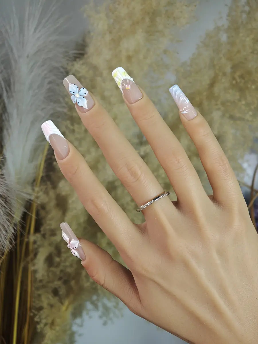 Nude Macaron Color Block Press-On Nails – 3D Floral & Rhinestone Luxury Long Square