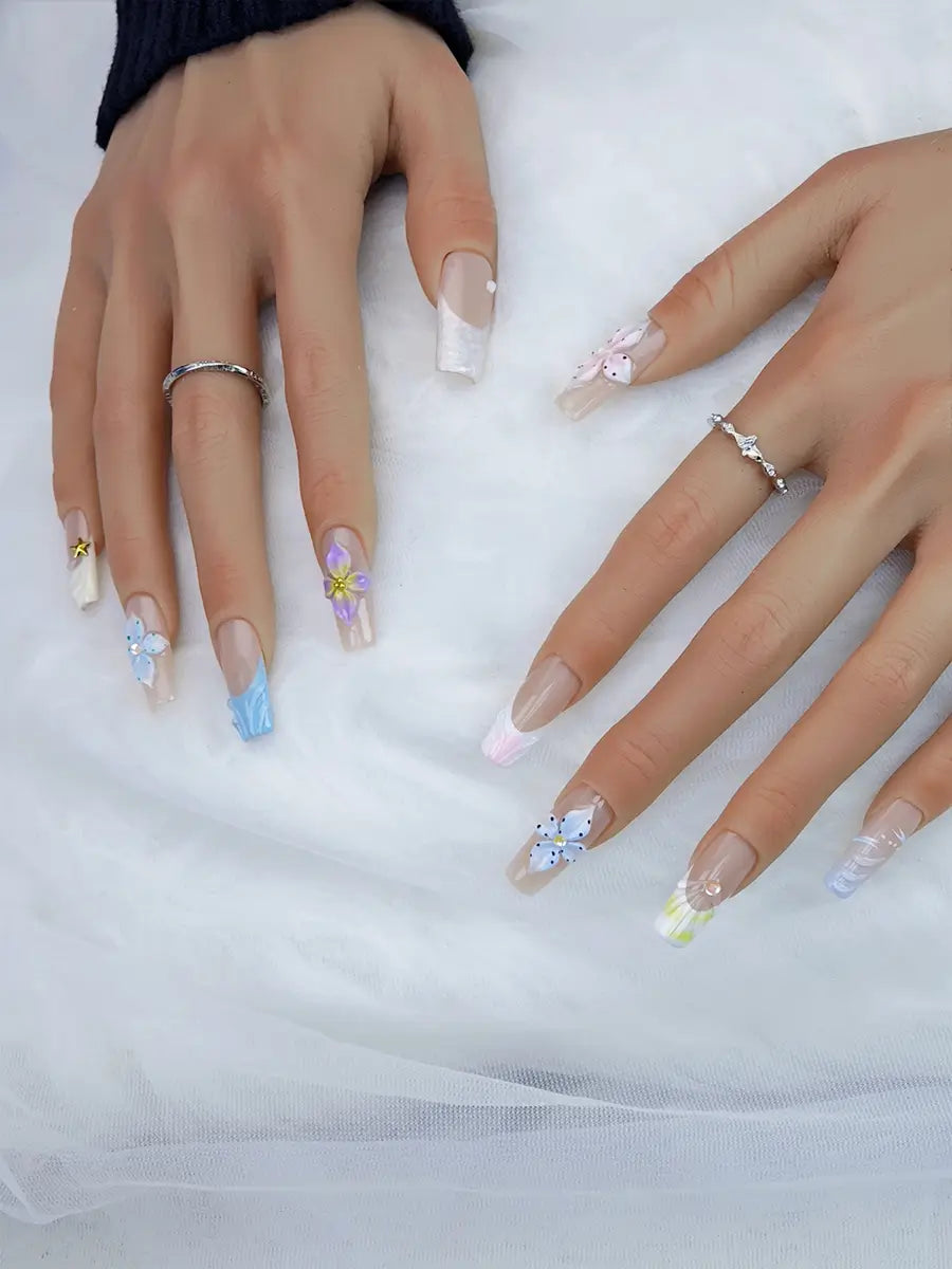 Nude Macaron Color Block Press-On Nails – 3D Floral & Rhinestone Luxury Long Square