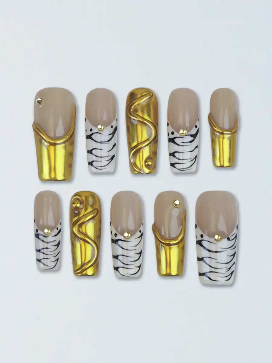 Nude Brown Gold Tiger Print Press-On Nails – Long Square, Metallic Luxury Style