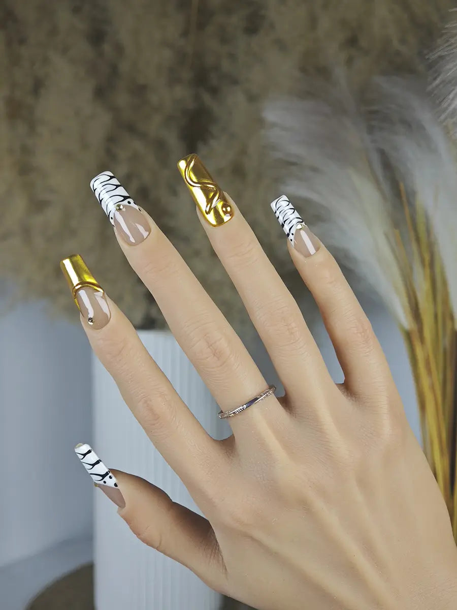 Nude Brown Gold Tiger Print Press-On Nails – Long Square, Metallic Luxury Style