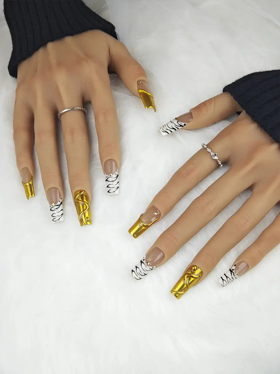 Nude Brown Gold Tiger Print Press-On Nails – Long Square, Metallic Luxury Style