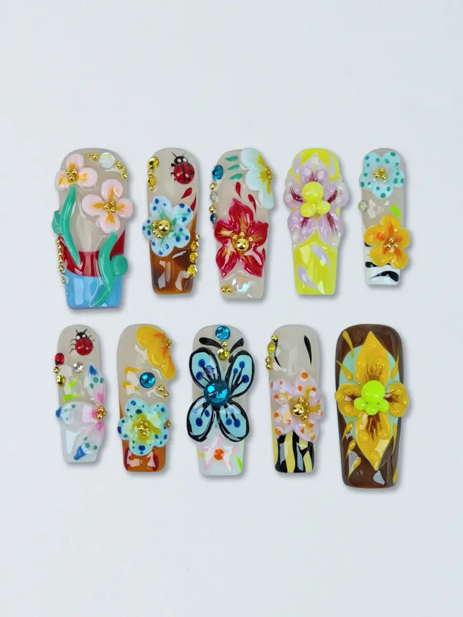 Multicolor 3D Art Press-On Nails – Long Square, Flowers & Butterflies Design