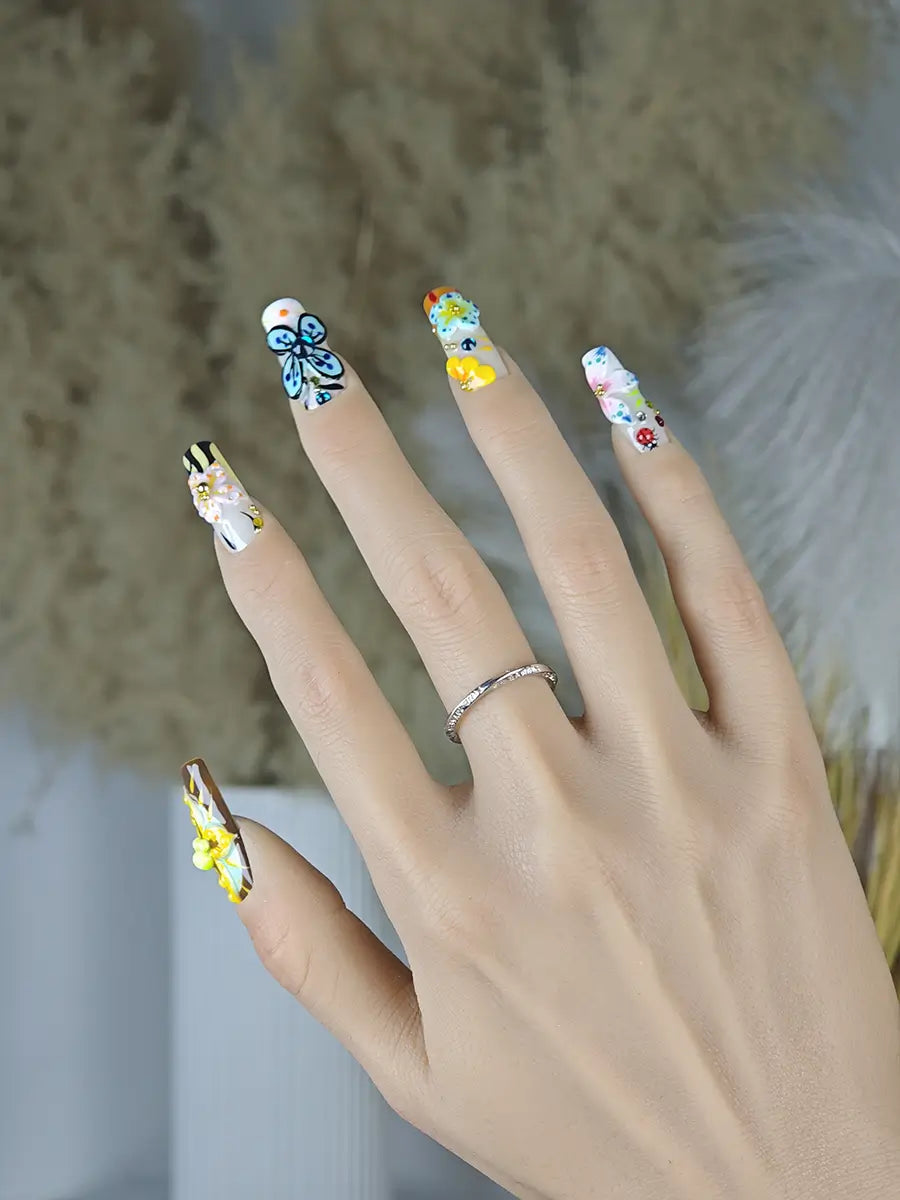 Multicolor 3D Art Press-On Nails – Long Square, Flowers & Butterflies Design