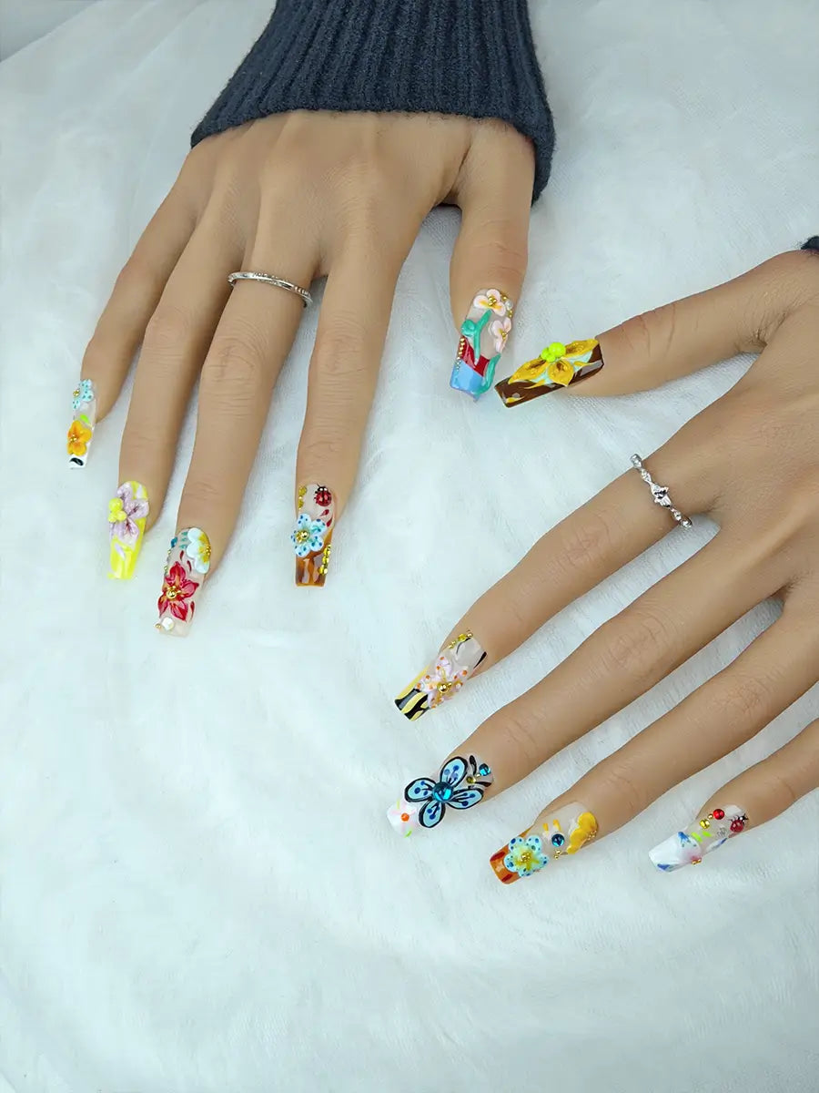 Multicolor 3D Art Press-On Nails – Long Square, Flowers & Butterflies Design