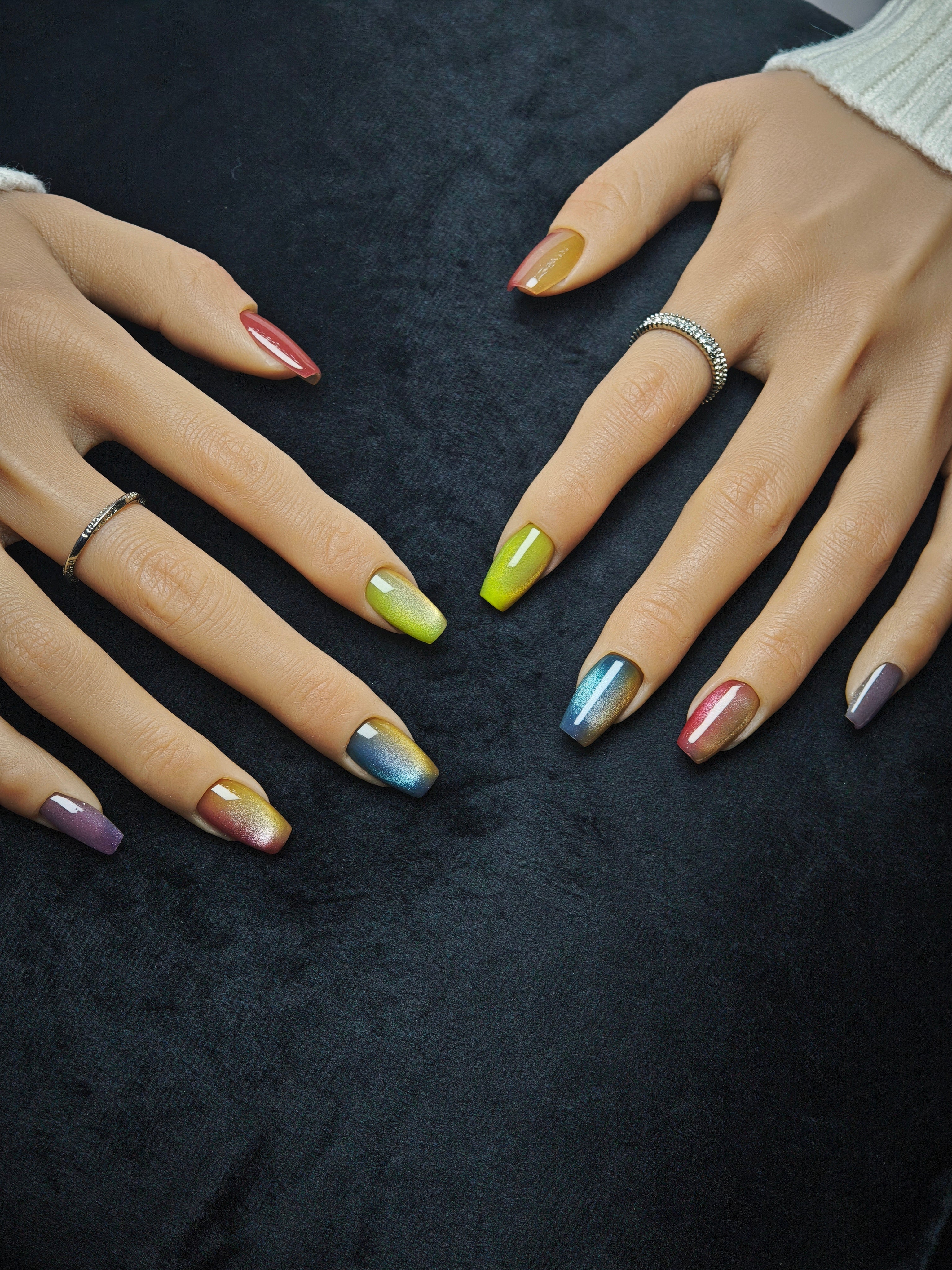 Colorful Cat Eye Nails Medium Press Ons with Gradient Effect