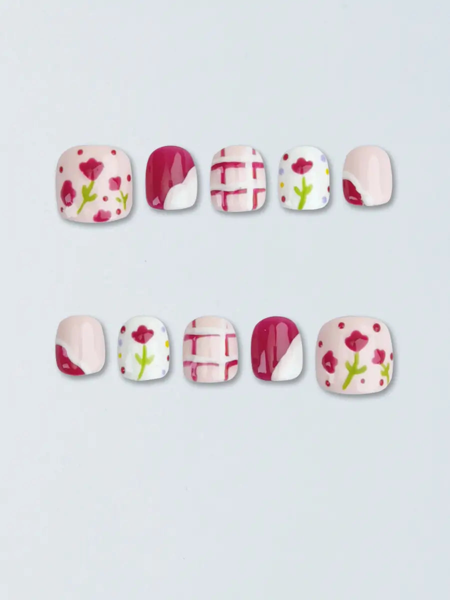 Pink Plum Checkered Floral Press On Nails – Ubeety Cute Kids Collection
