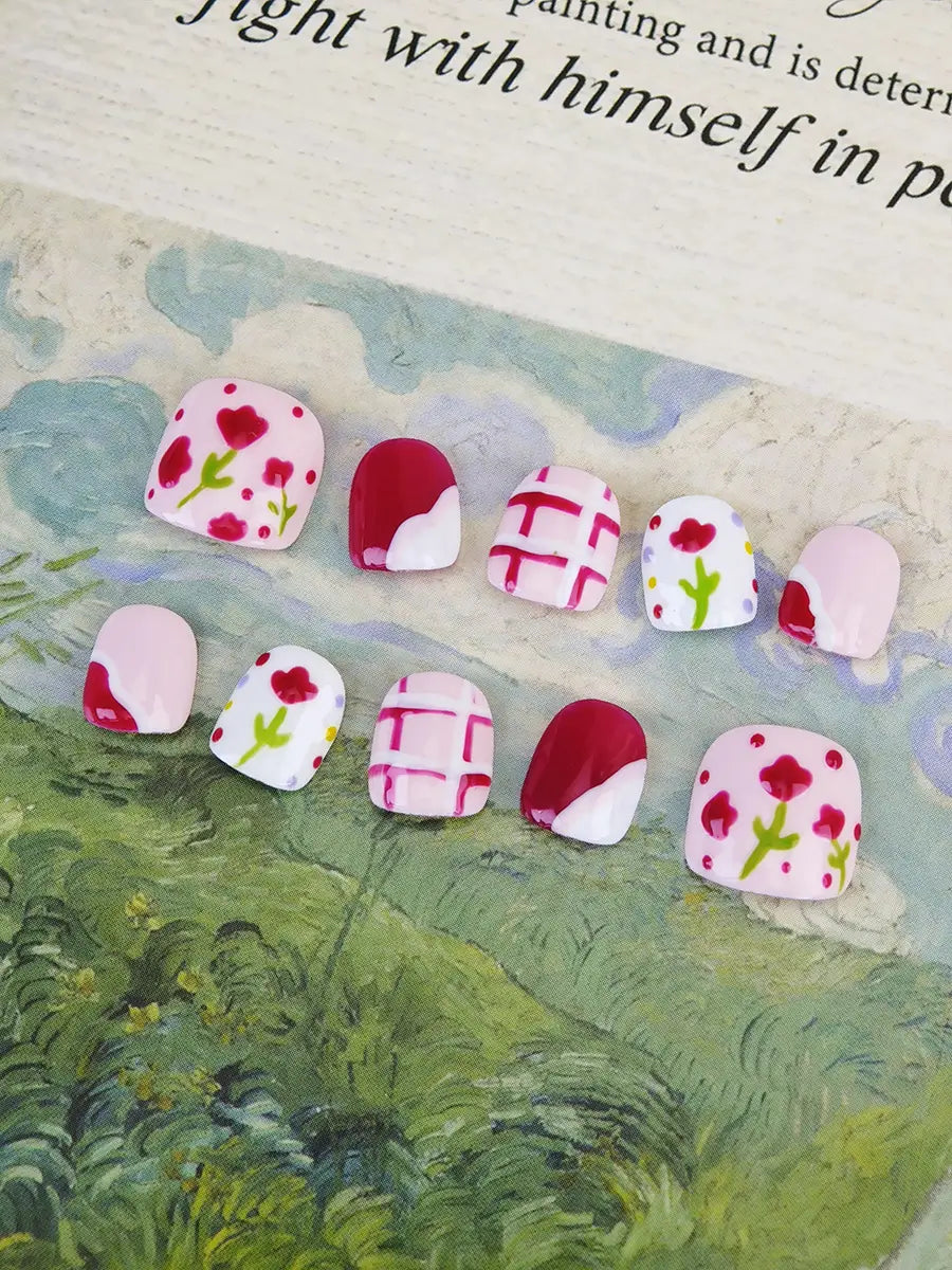 Pink Plum Checkered Floral Press On Nails – Ubeety Cute Kids Collection