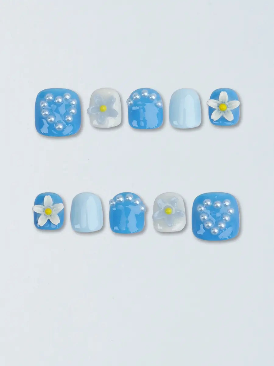 Ice Blue Pearl Flower Press On Nails – Ubeety Kids Collection