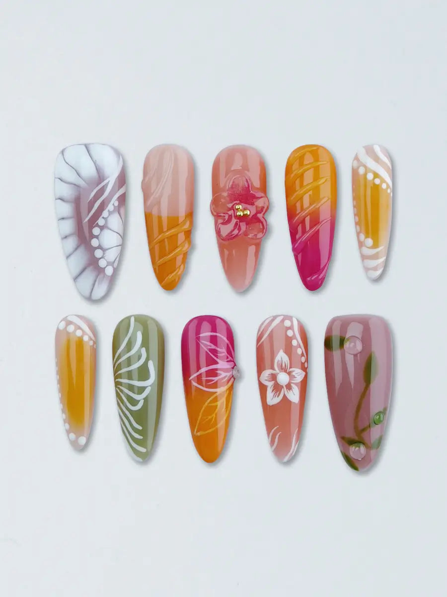 Spring-Summer Colorful Almond Press-On Nails with 3D Floral & Hand-Painted Designs