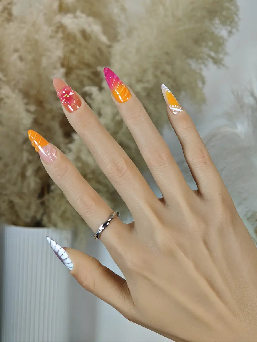 Spring-Summer Colorful Almond Press-On Nails with 3D Floral & Hand-Painted Designs