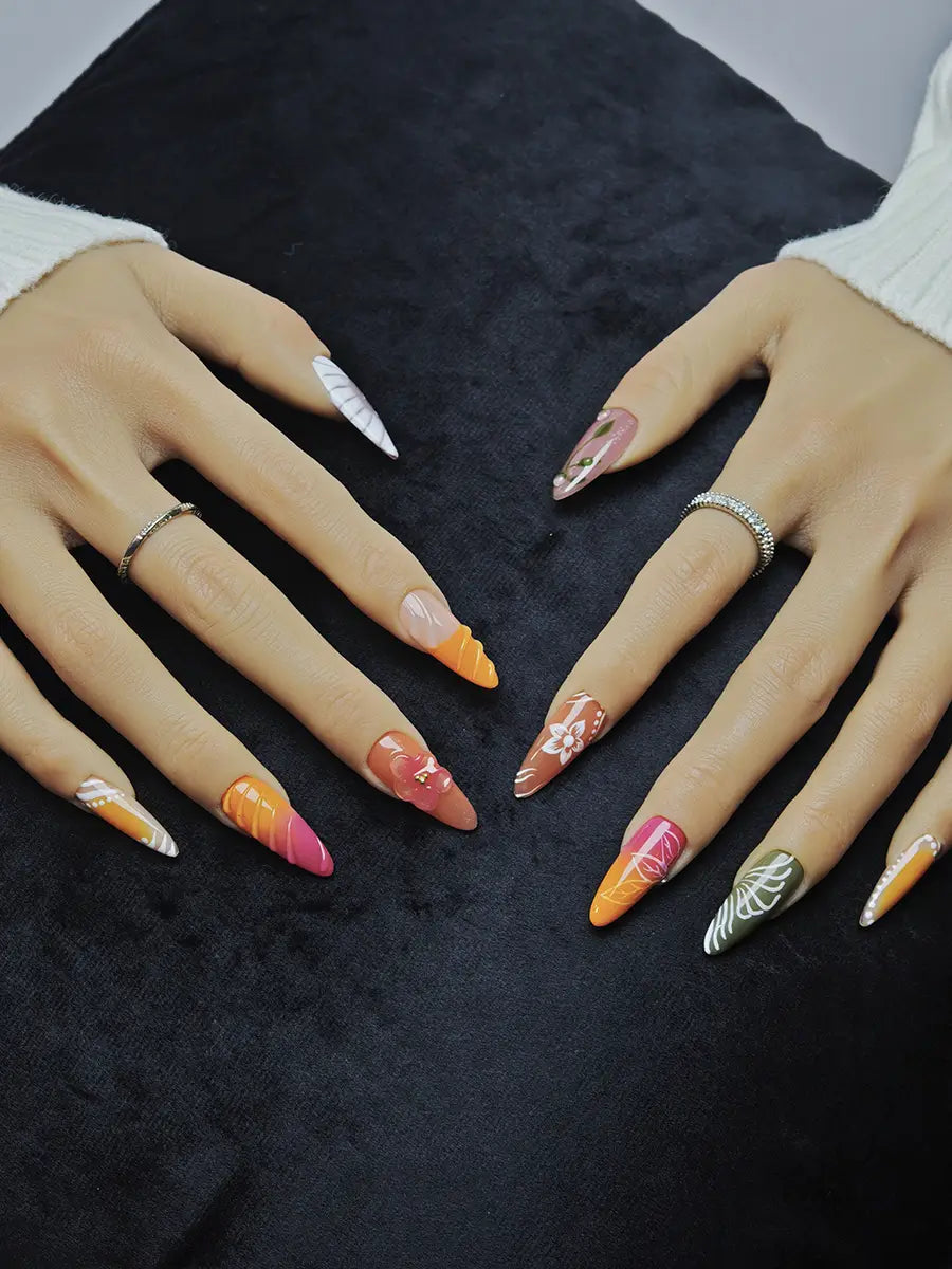 Spring-Summer Colorful Almond Press-On Nails with 3D Floral & Hand-Painted Designs