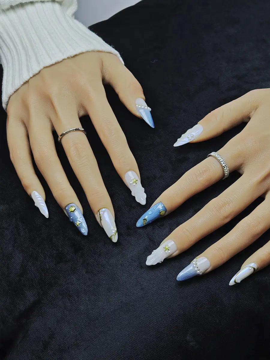 Blue & White Ocean-Inspired Almond Press-On Nails with 3D Pearls & Starfish Accents