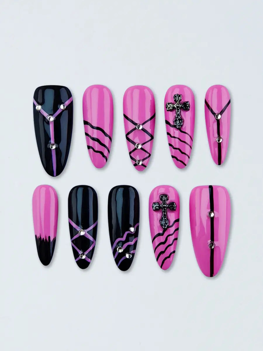 Pink & Black Punk Almond Press-On Nails with Metallic Cross & Stud Accents