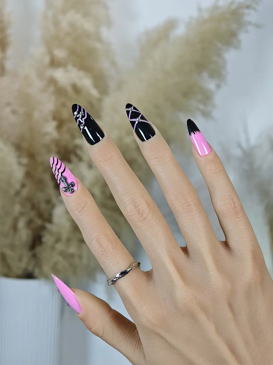 Pink & Black Punk Almond Press-On Nails with Metallic Cross & Stud Accents