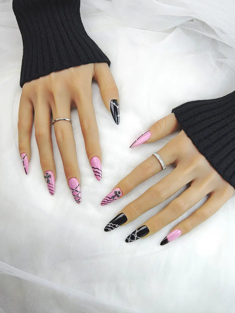Pink & Black Punk Almond Press-On Nails with Metallic Cross & Stud Accents