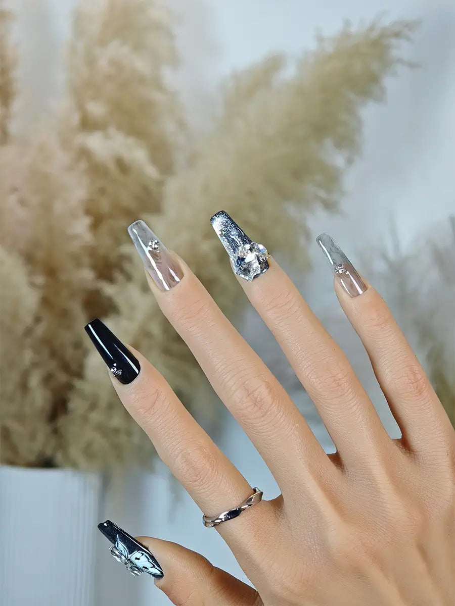 Ombre Butterfly Coffin Fake Nails – Black White & Grey with Large Rhinestones and Glitter