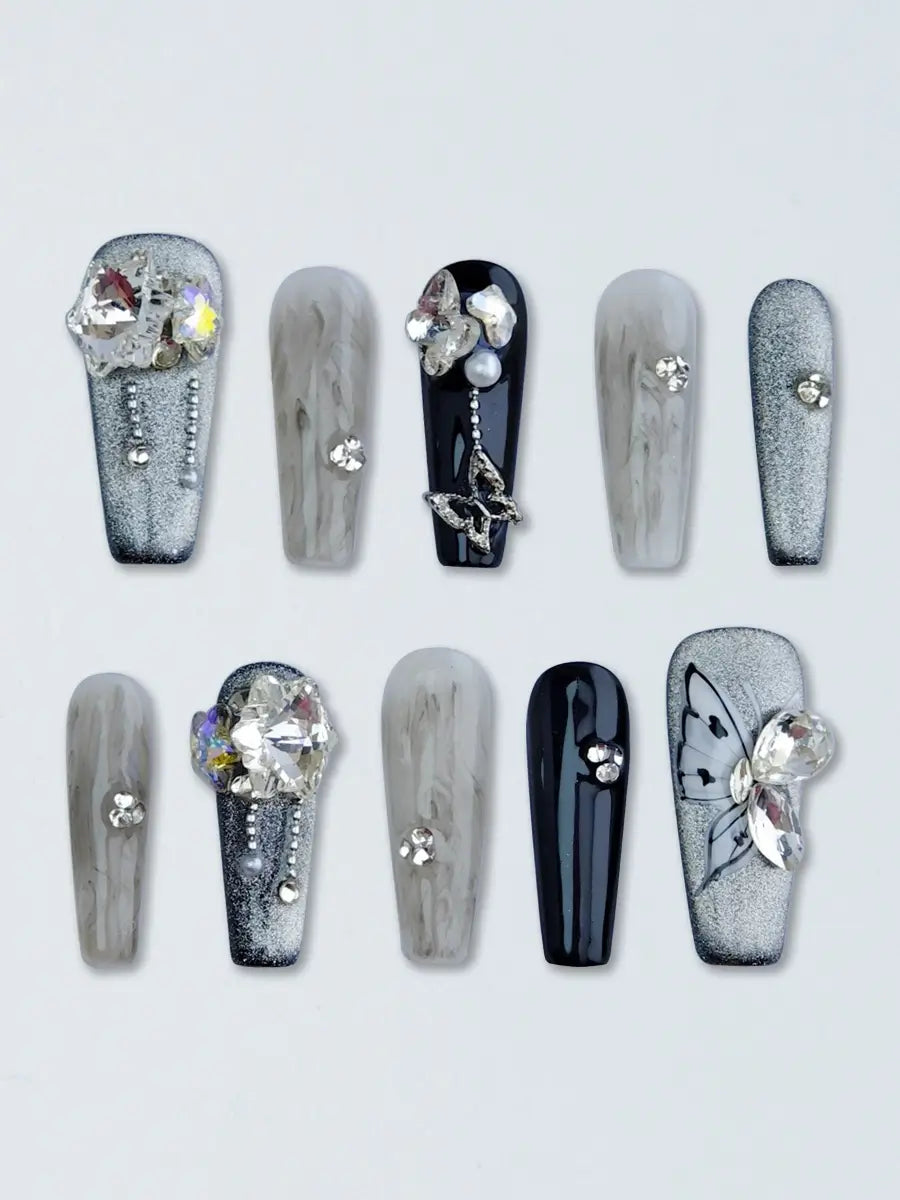 Ombre Butterfly Coffin Fake Nails – Black White & Grey with Large Rhinestones and Glitter