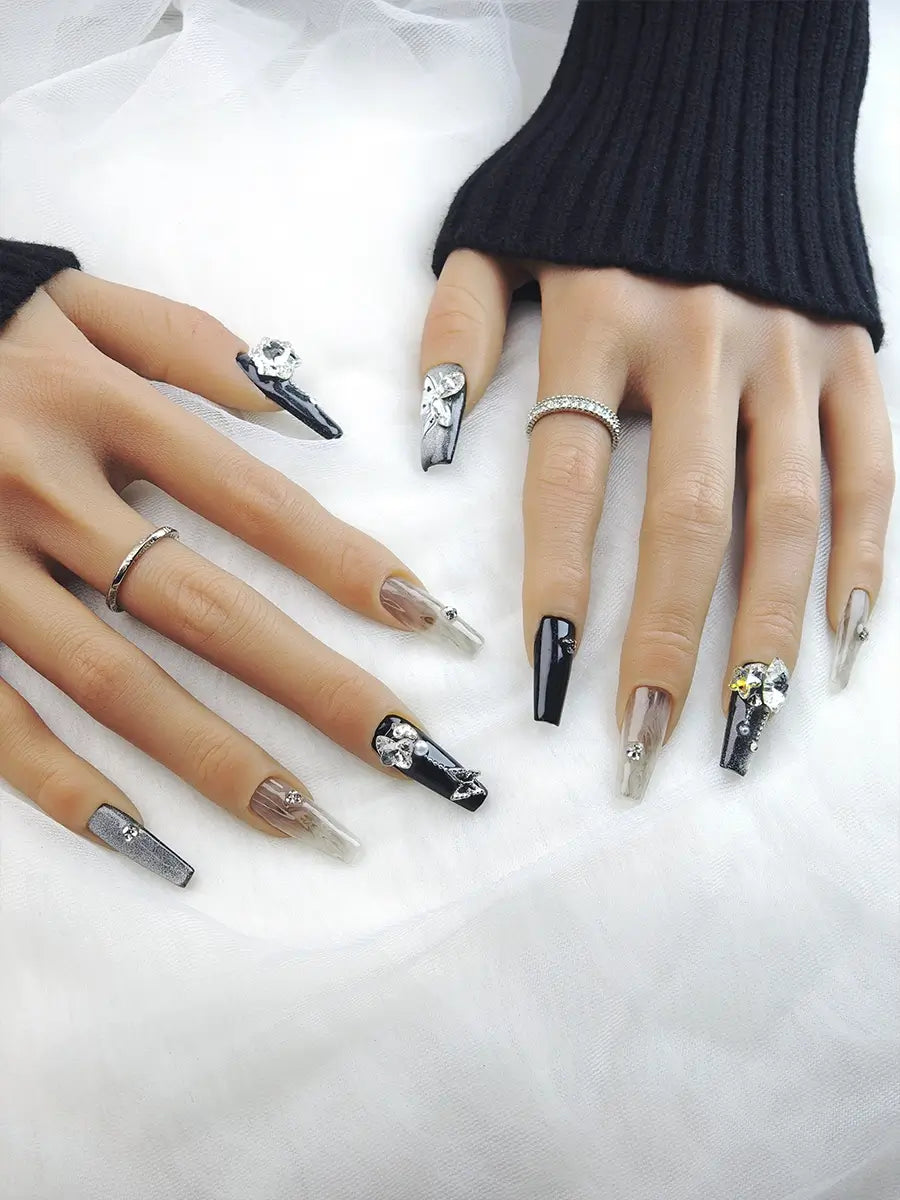 Ombre Butterfly Coffin Fake Nails – Black White & Grey with Large Rhinestones and Glitter