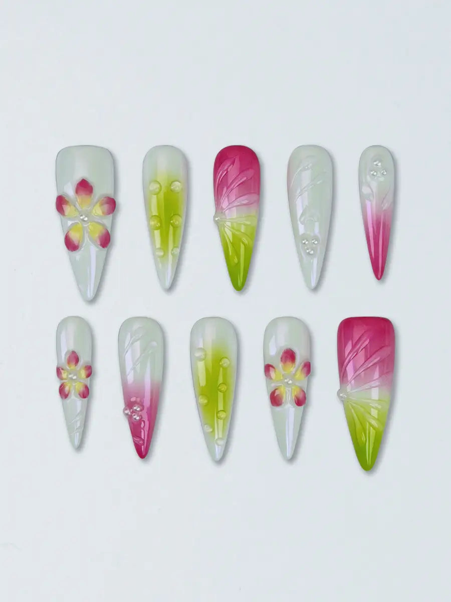Fresh Garden 3D Stiletto Press-On Nails in White, Pink & Light Green