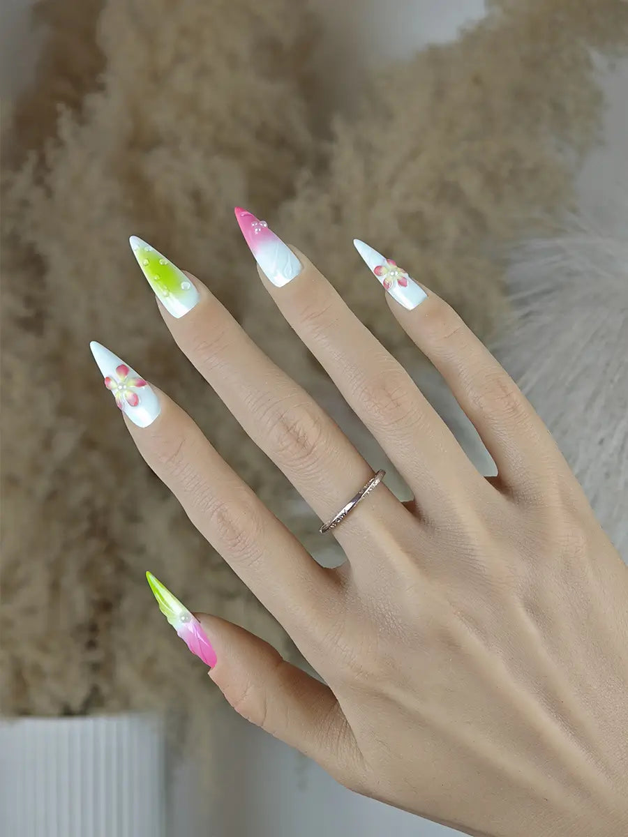 Fresh Garden 3D Stiletto Press-On Nails in White, Pink & Light Green