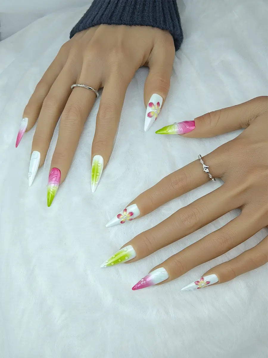 Fresh Garden 3D Stiletto Press-On Nails in White, Pink & Light Green