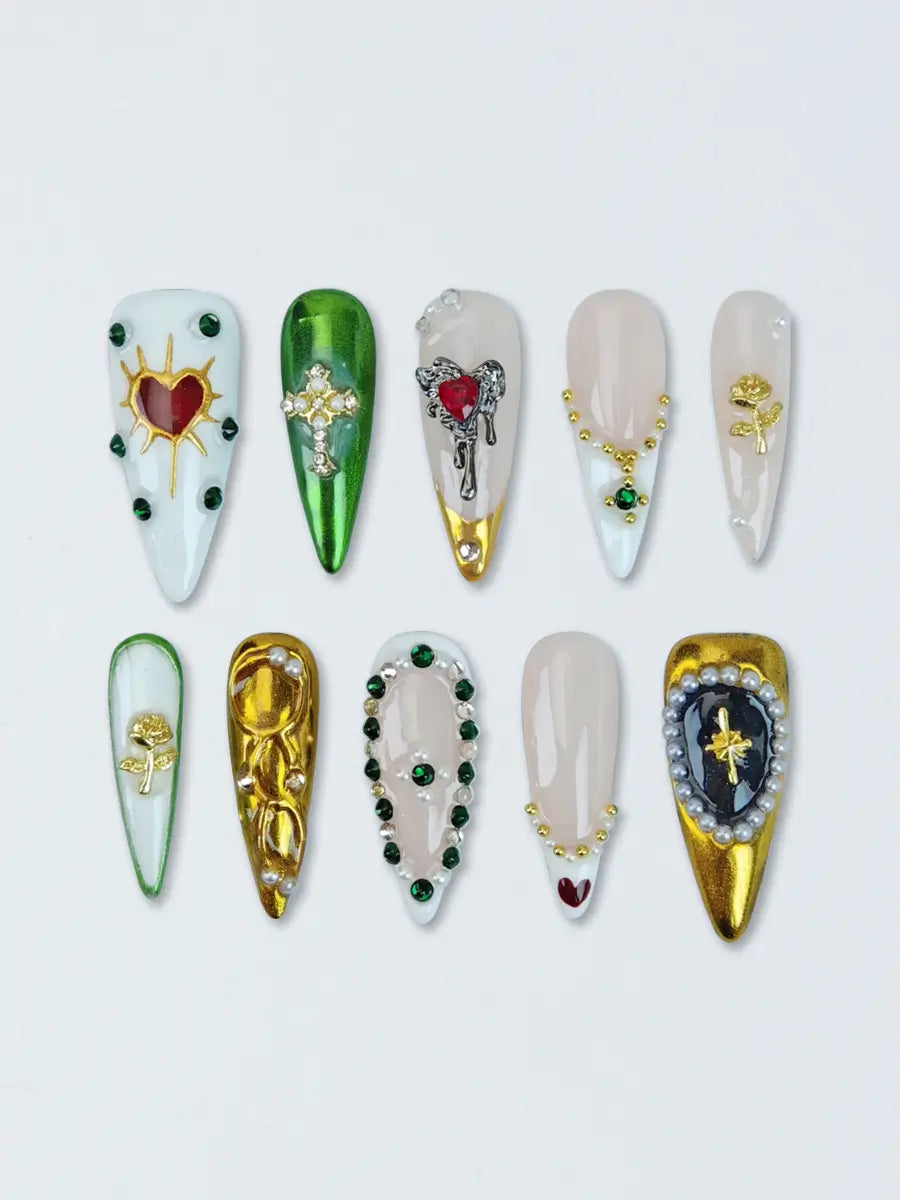 Gothic Luxe Stiletto Press-On Nails in White, Metallic Green & Nude