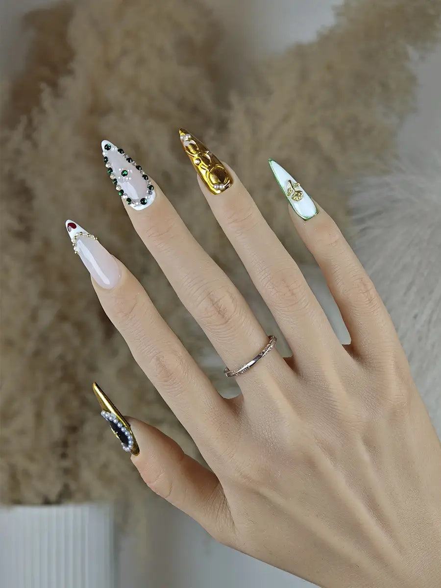 Gothic Luxe Stiletto Press-On Nails in White, Metallic Green & Nude