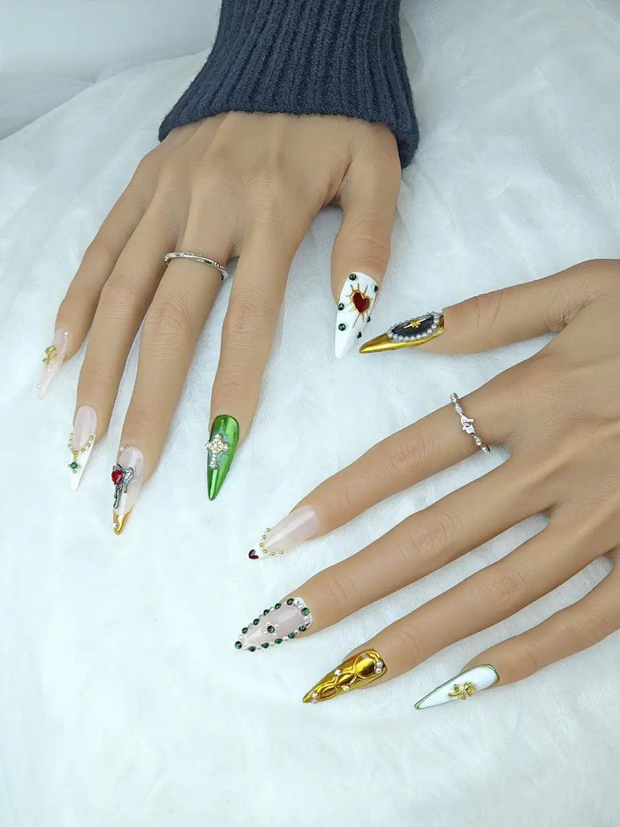 Gothic Luxe Stiletto Press-On Nails in White, Metallic Green & Nude