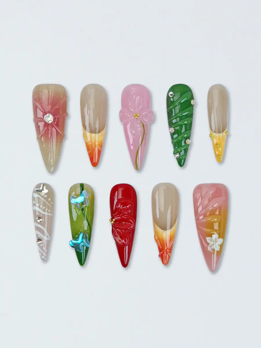 Artistic 3D Embossed Stiletto Press-On Nails – Mixed Floral & Butterfly Design