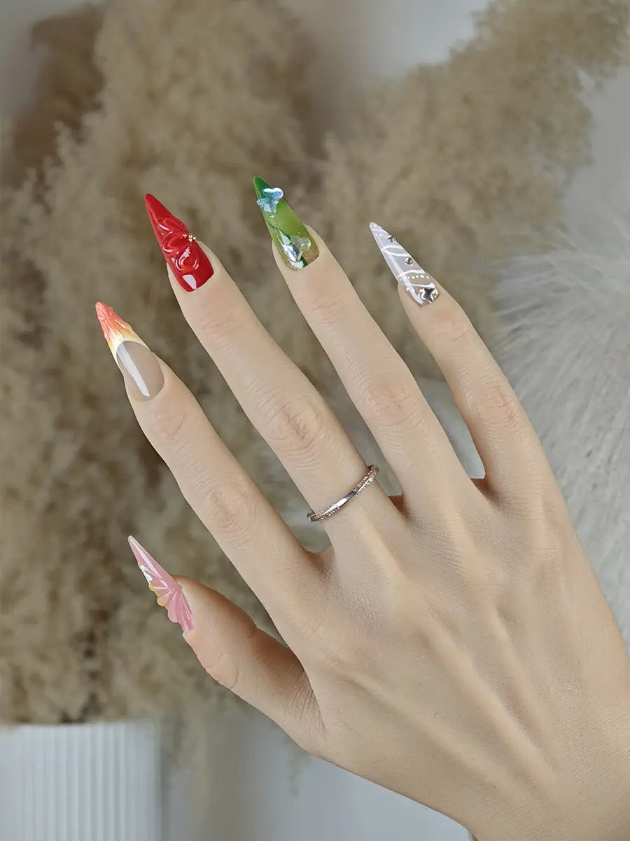 Artistic 3D Embossed Stiletto Press-On Nails – Mixed Floral & Butterfly Design