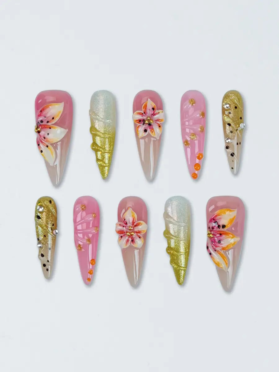 Sweet Nude & Gold 3D Embossed Press-On Nails – Elegant Stiletto Design