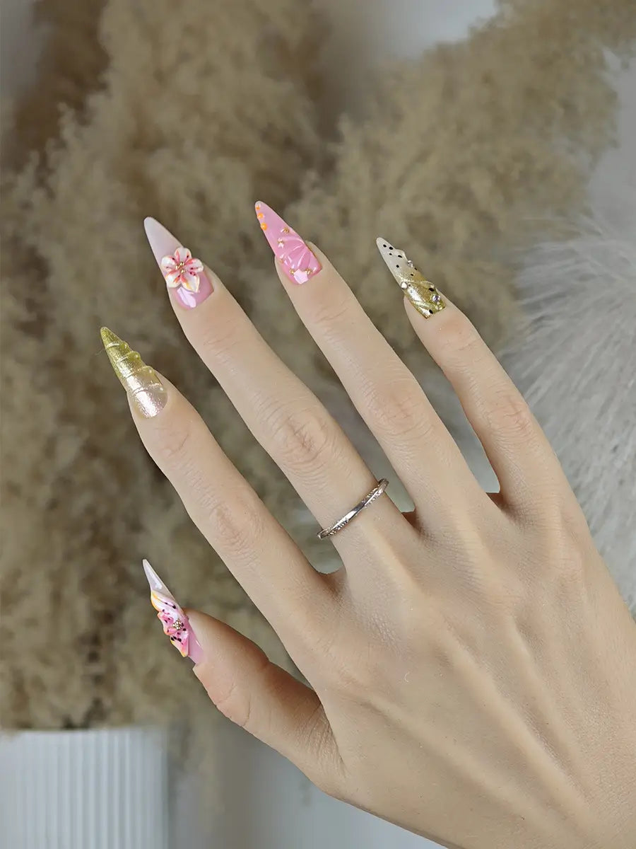 Sweet Nude & Gold 3D Embossed Press-On Nails – Elegant Stiletto Design