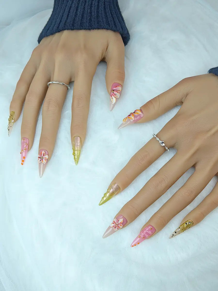 Sweet Nude & Gold 3D Embossed Press-On Nails – Elegant Stiletto Design