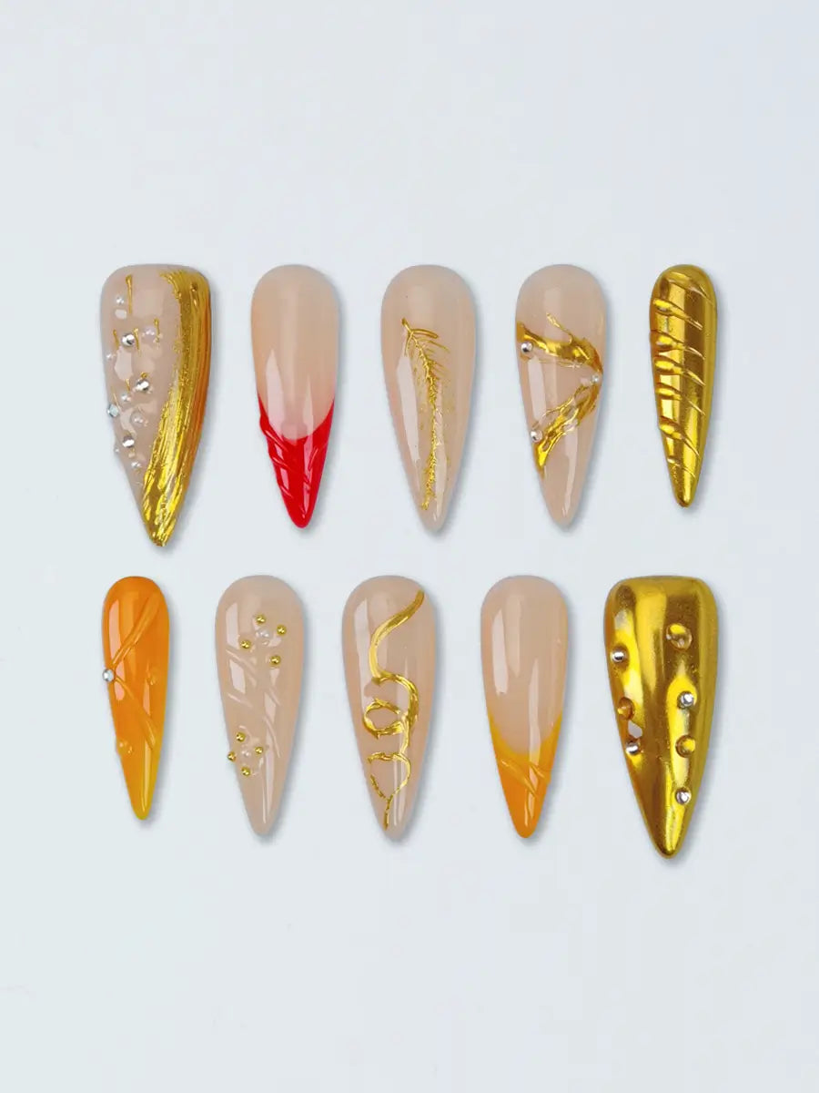 Luxury Nude & Gold Metal Texture Press-On Nails – Stiletto Design