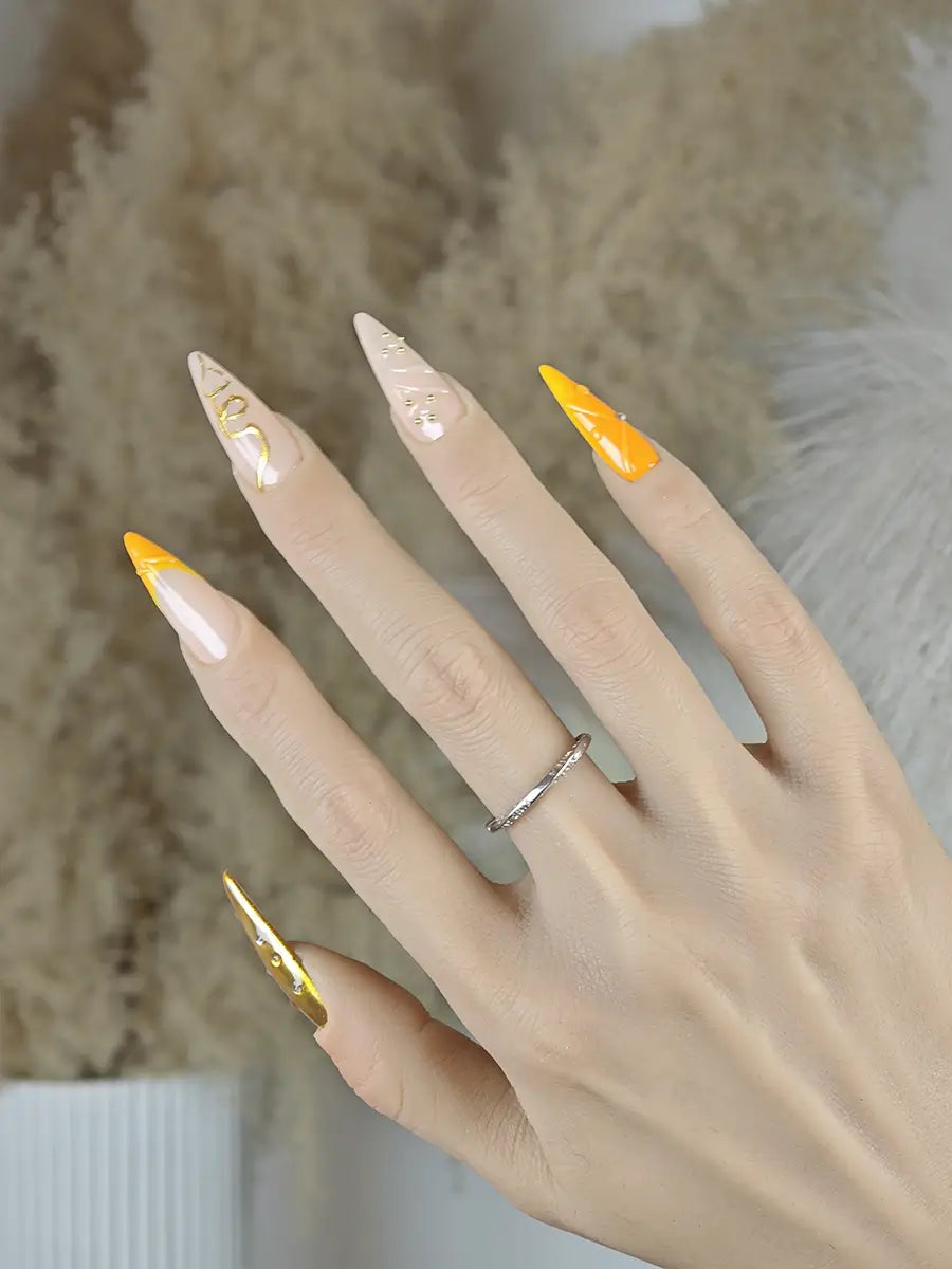 Luxury Nude & Gold Metal Texture Press-On Nails – Stiletto Design