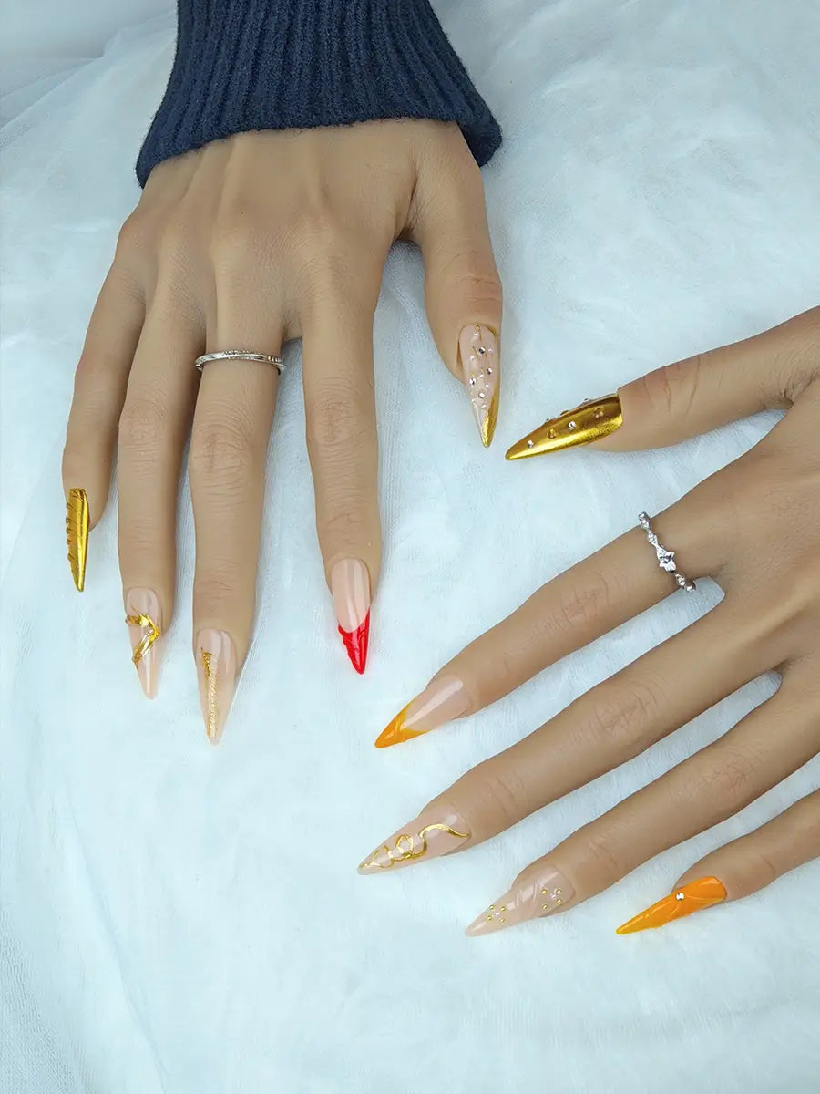 Luxury Nude & Gold Metal Texture Press-On Nails – Stiletto Design