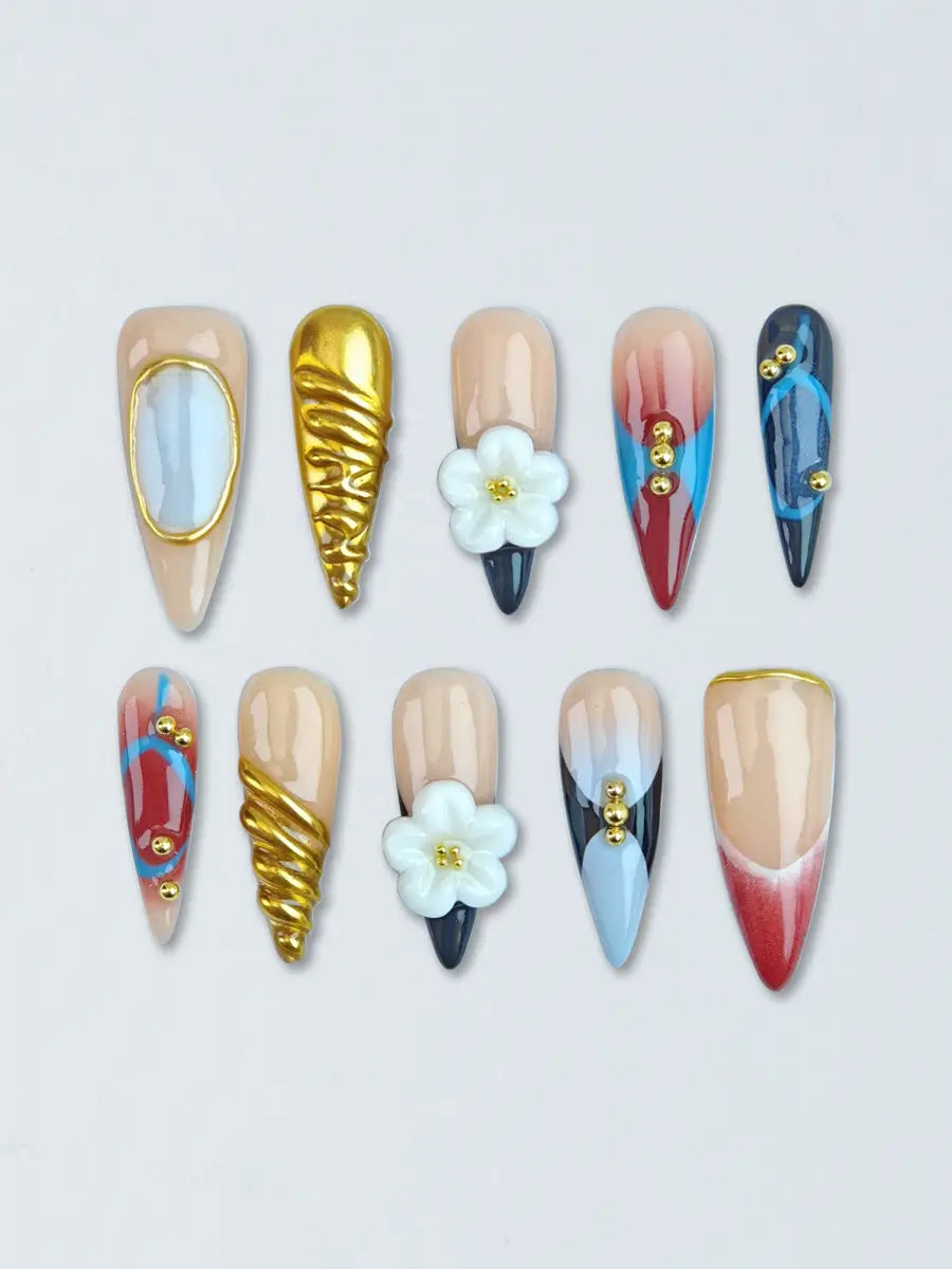 Luxury Mixed-Pattern Press-On Nails – Nude Base with Metallic & Color Block Accents