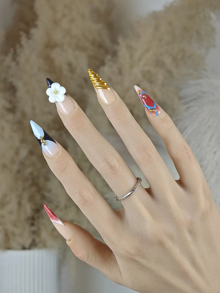 Luxury Mixed-Pattern Press-On Nails – Nude Base with Metallic & Color Block Accents